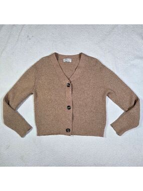 Poof Apparel Brown Cropped V Neck Cardigan 3 Button Closure